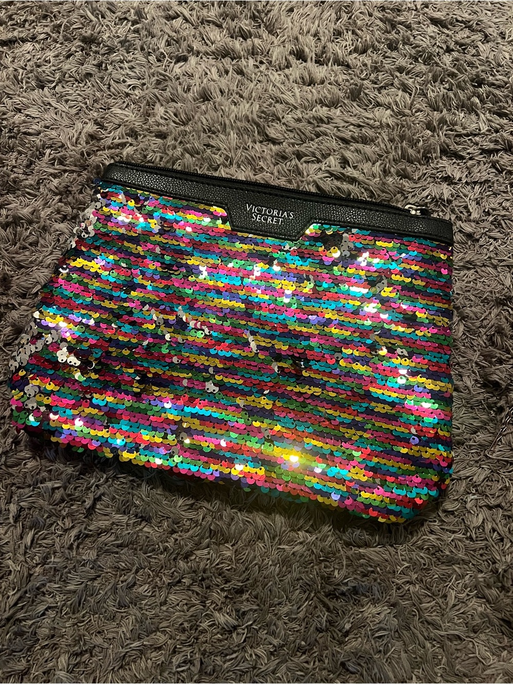 Victoria's Secret black Multicolor rainbow Sequin Cosmetic Pouch make up bag NEW
